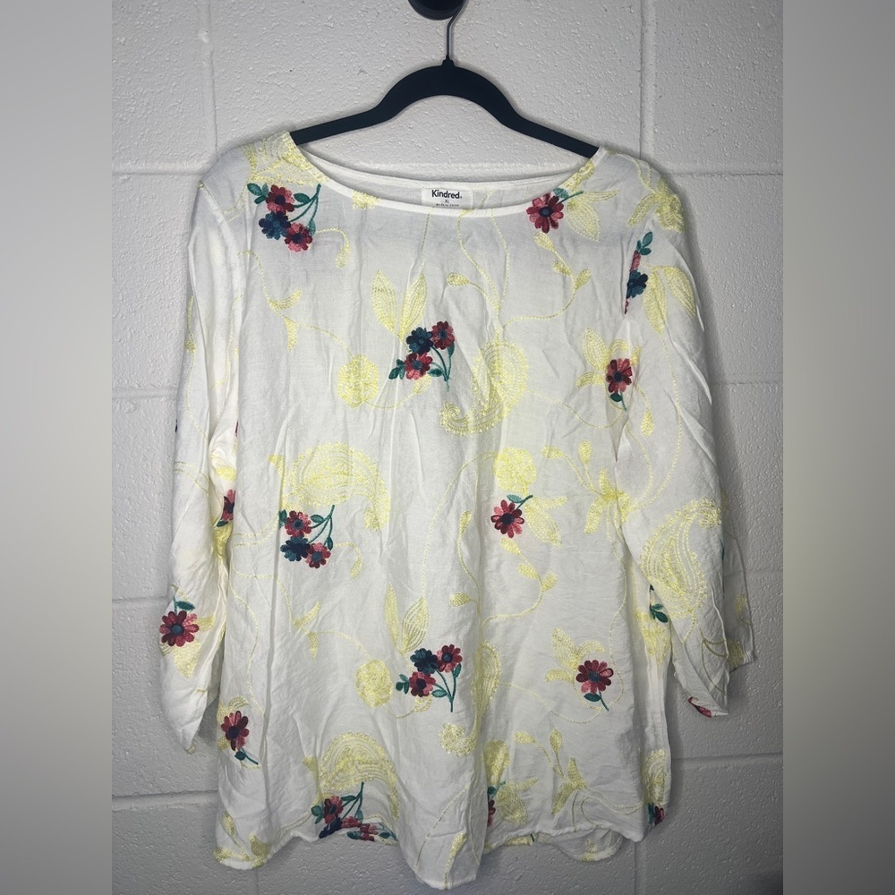 Anthropologie Kindred Woven PEASANT Blouse Boho TOP Tunic XL Embroidered